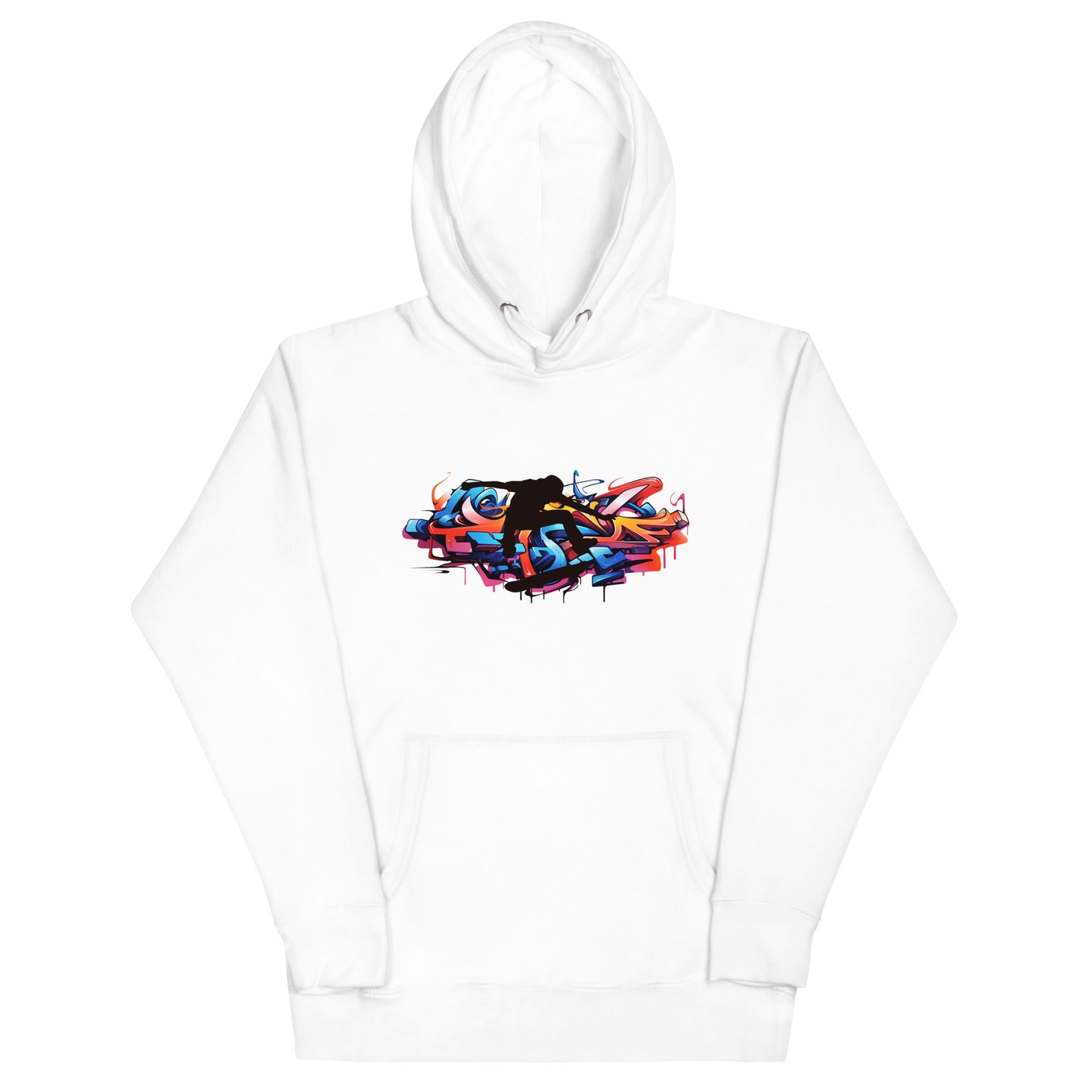 Streetstyle paarse hoodie met urban graffiti print : levendige kleurenexplosie op wit basis, Cotton Heritage M2580 premium.voor aanzicht