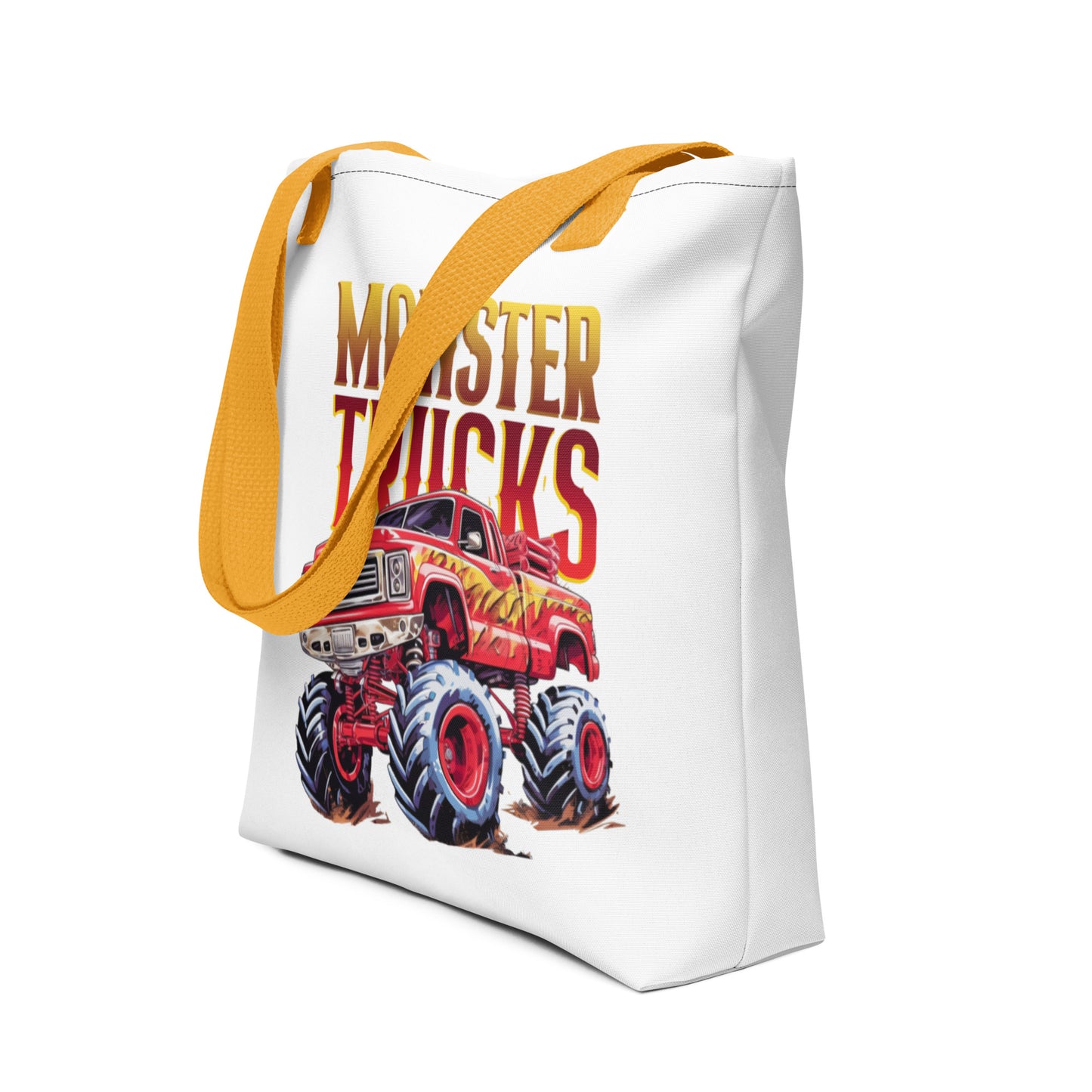 Stoere all-over print tote bag met gele monster truck design en grote rode handvatten.rechts aanzicht