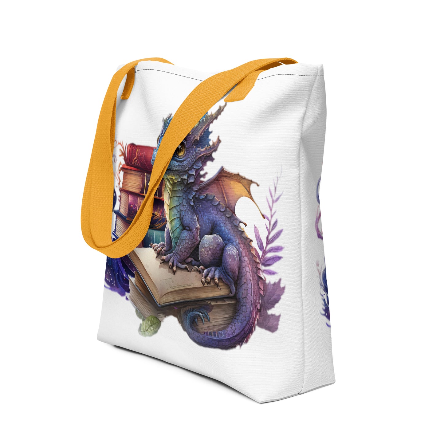 Witte canvas draagtas met kleurrijk draakmotief, handvat geel,voor uitzicht