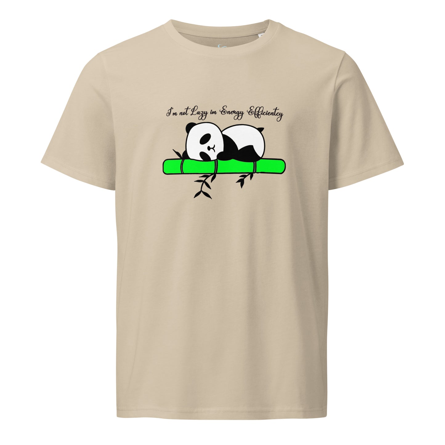"I'm Not Lazy I'm Energy Efficient" panda op bamboe beige tee,voor aanzicht