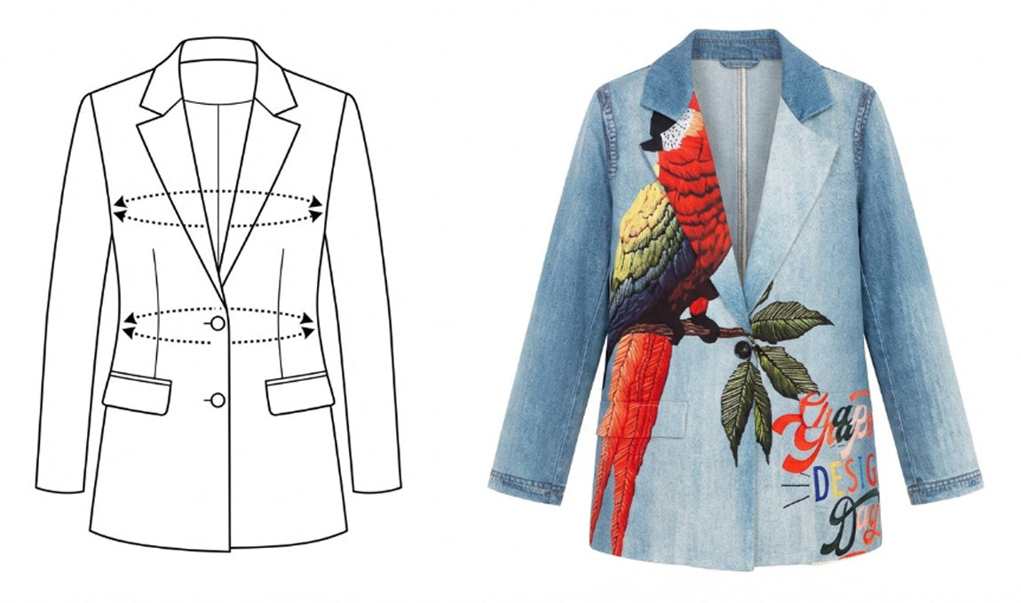 Blazer patroontekening en voorbeeld met papegaai borduurwerk op denim,voor uit zicht