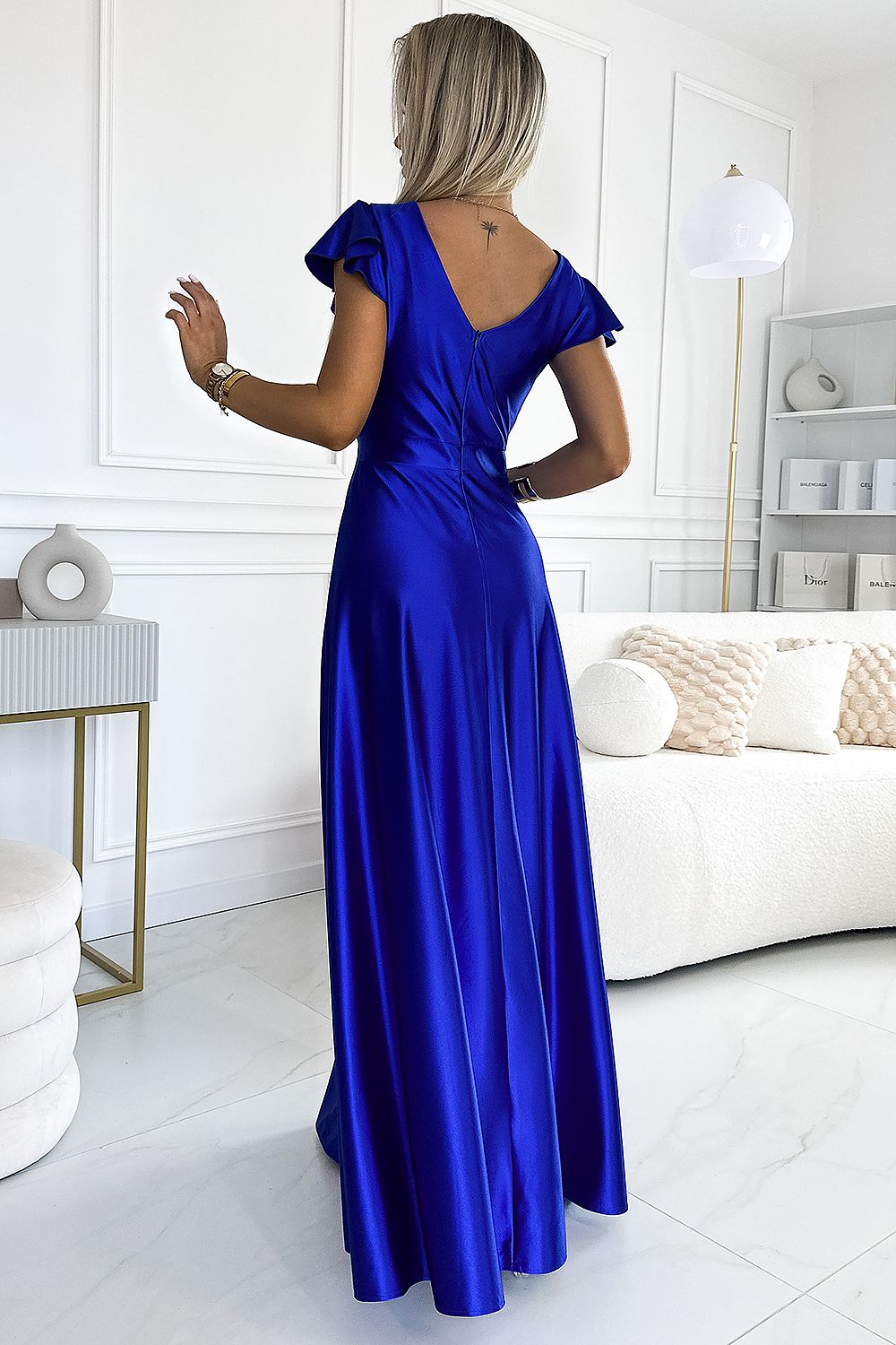 Elegante satijnlook maxi jurk in blauw met diepe V-hals | Lange jurk Numoco