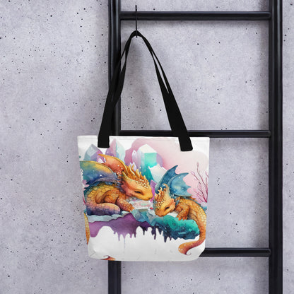 Witte tote bag met schattige slapende draken illustratie,voor aanzicht,all over print, zwarte  handvatten,hangend bij een trap,vooraanzicht