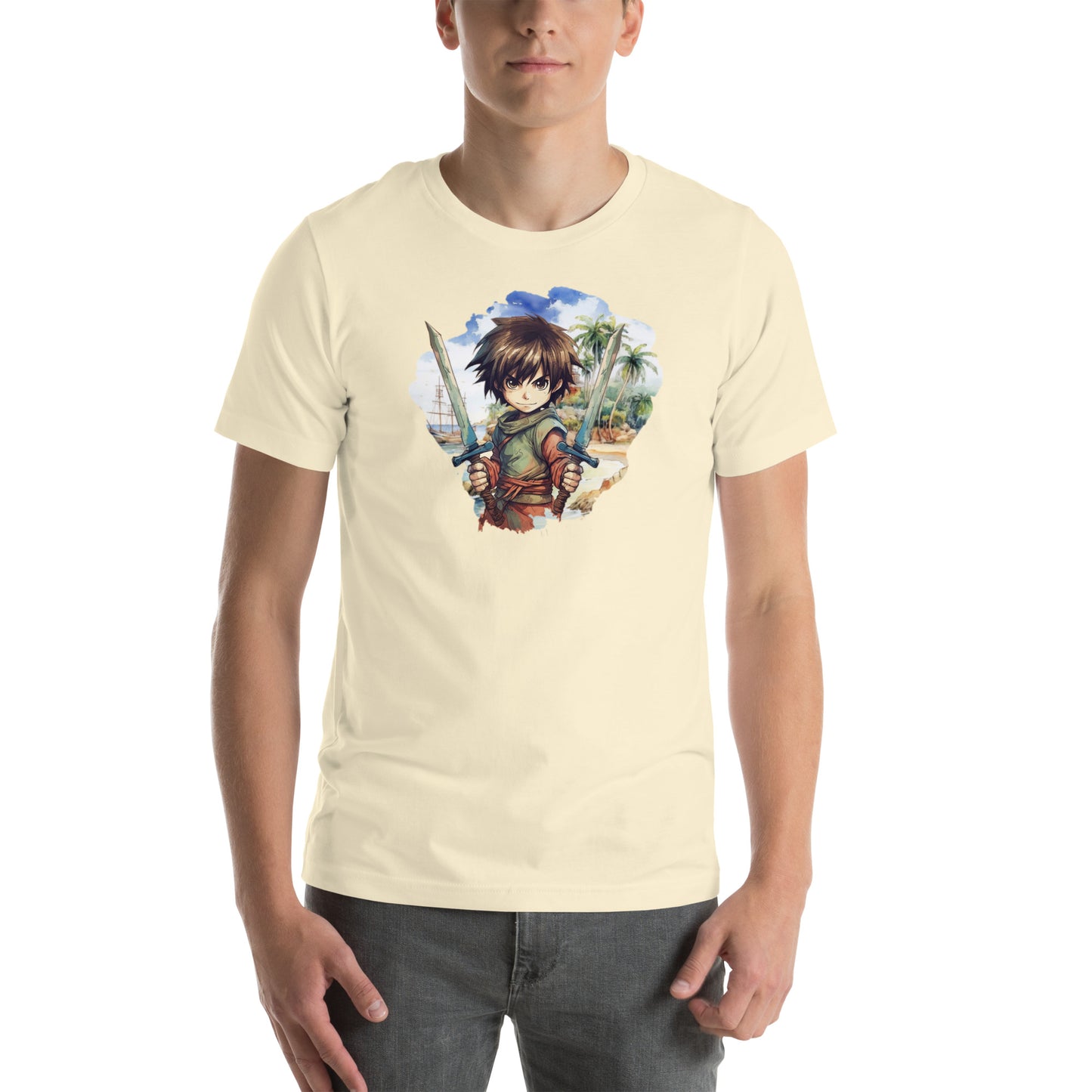 Unisex beige t-shirt met anime karakter print in kawaii stijl, ideaal voor casual en streetwear outfits.voor uitzicht