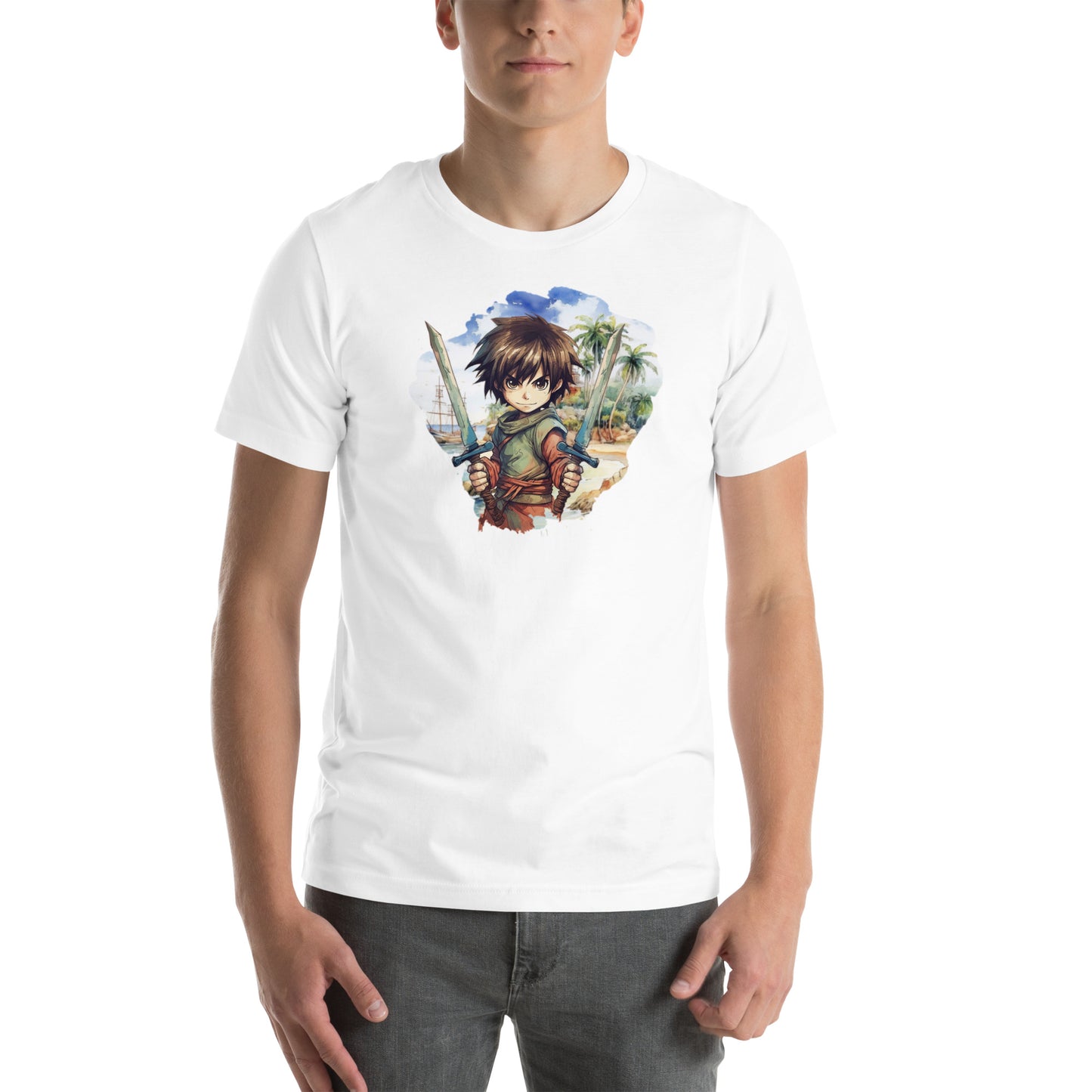 Unisex wit t-shirt met anime karakter print in kawaii stijl, ideaal voor casual en streetwear outfits.voor uitzicht