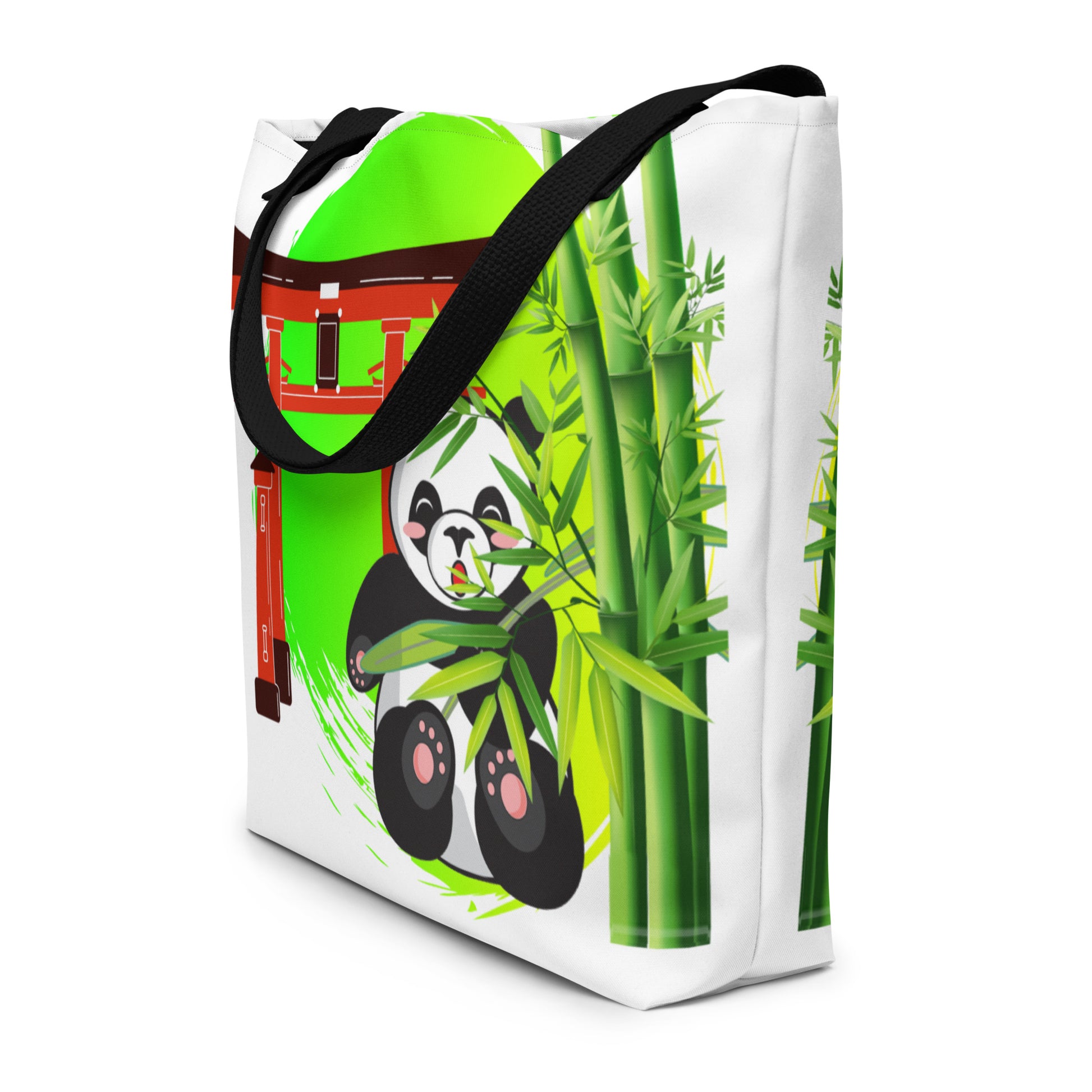 Grote Draagtas met Zwarte Handvatten en All-over Print van Japanse Panda & Bamboo op de Voorkant, zij aanzicht