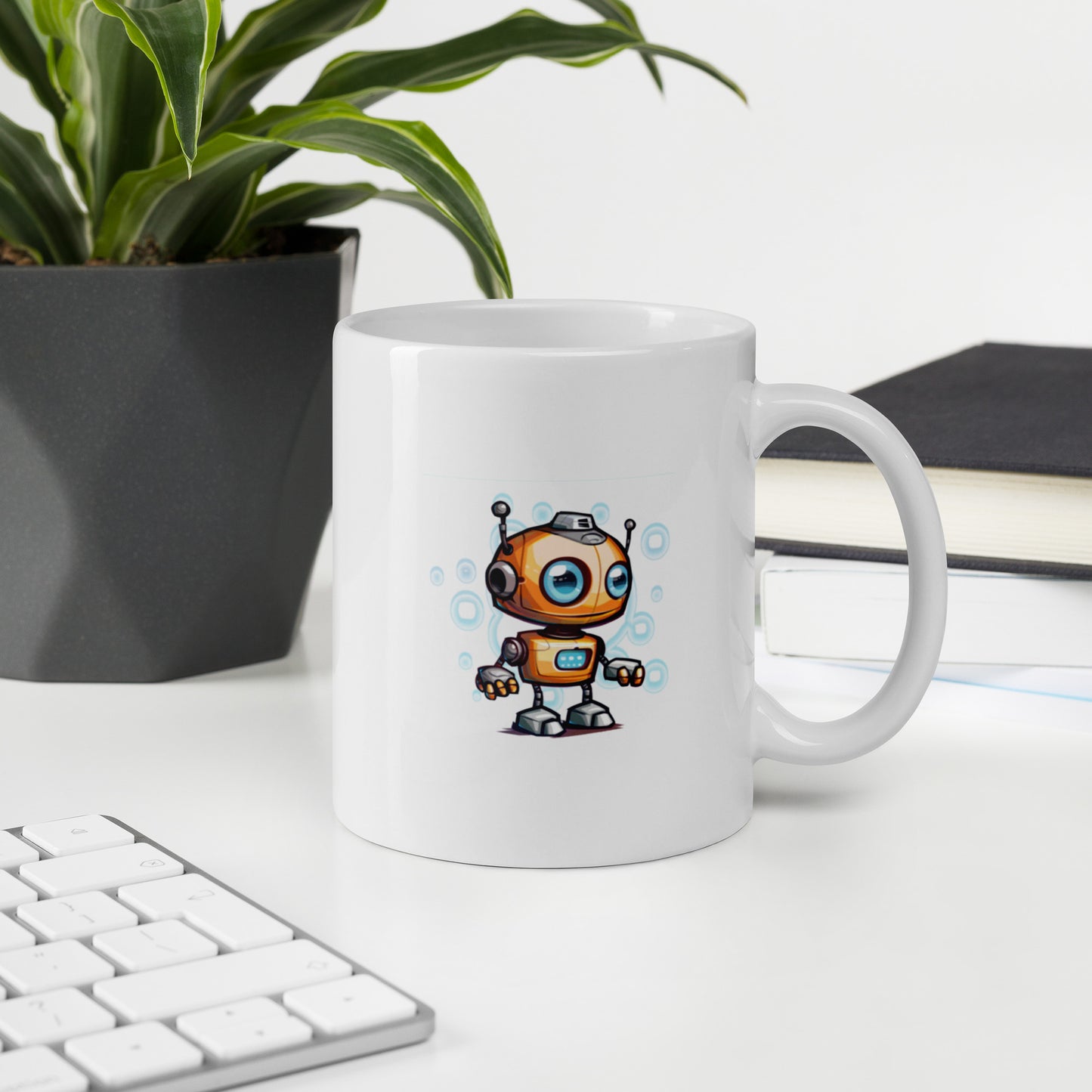 Witte mok met een schattige kleine cartoonrobot, speels en kleurrijk ontwerp, perfect voor kinderen en tech-liefhebbers.voor uitzicht,rechts handvat
