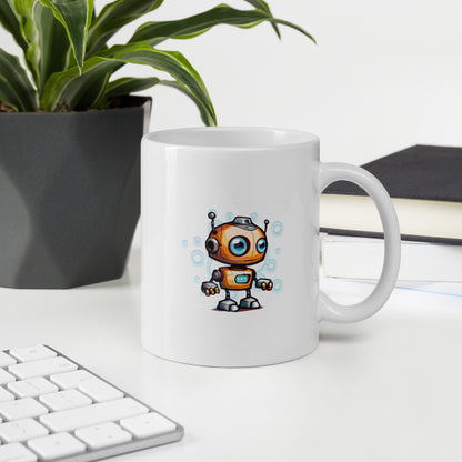 Witte mok met een schattige kleine cartoonrobot, speels en kleurrijk ontwerp, perfect voor kinderen en tech-liefhebbers.voor uitzicht,rechts handvat
