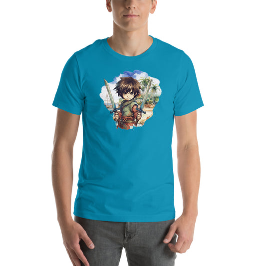 Unisex blauw t-shirt met anime karakter print in kawaii stijl, ideaal voor casual en streetwear outfits.voor uitzicht