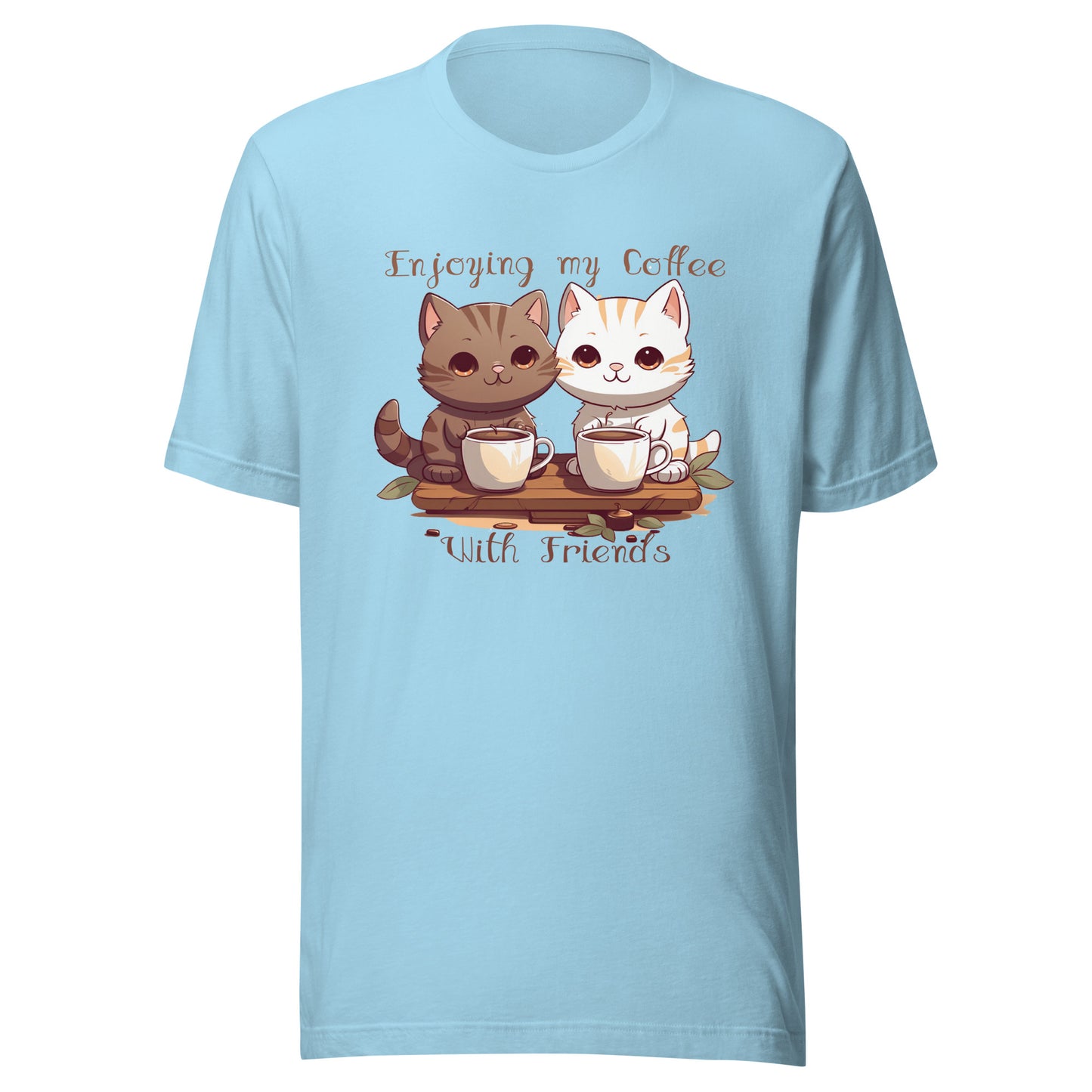 Agua blauw unisex T-shirt Bella + Canvas 3001 met schattige katten print: twee cute katjes drinken koffie samen, tekst "Enjoying my Coffee With Friends" in bruine letters, cozy koffie-vibe. voor aanzicht