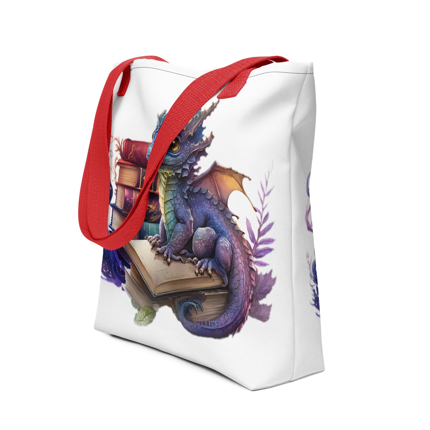 Witte canvas draagtas met kleurrijk draakmotief, handvat rood,voor uitzicht
