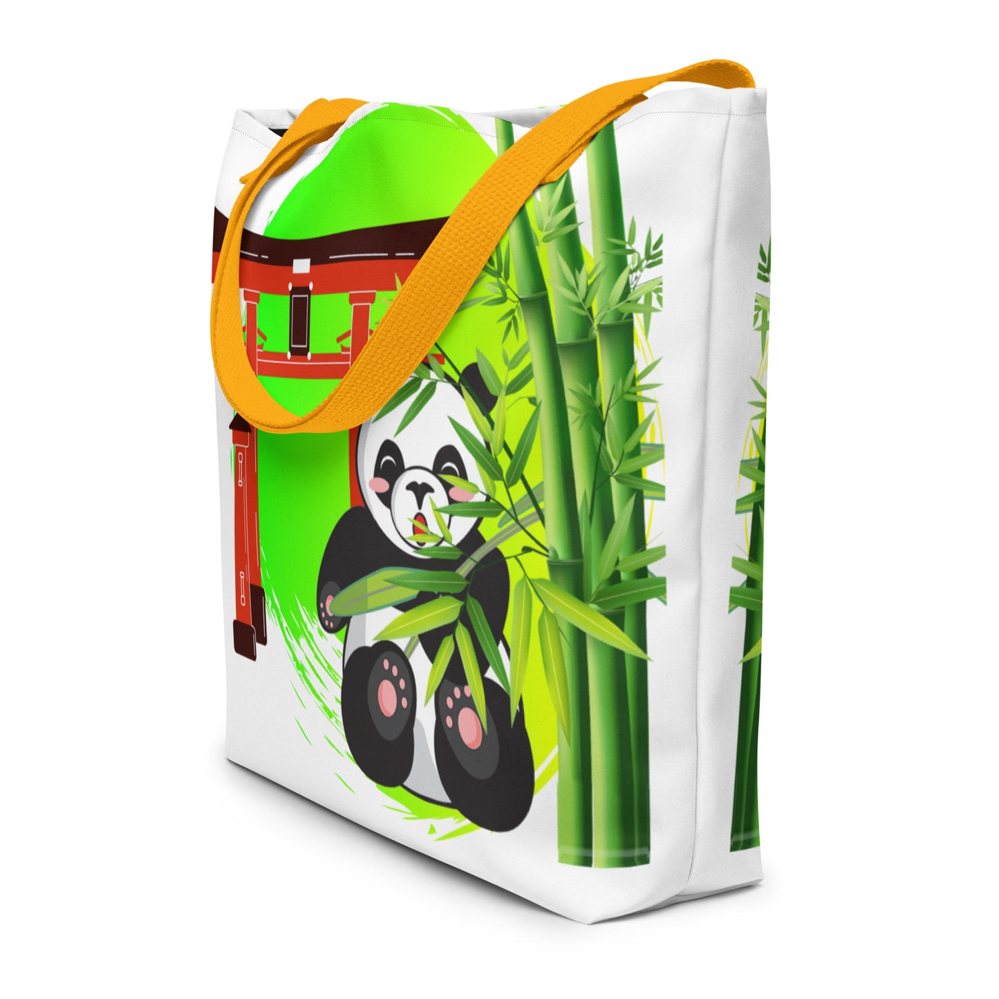 Grote Draagtas met gele Handvatten en All-over Print van Japanse Panda & Bamboo op de Voorkant,zij aanzicht
