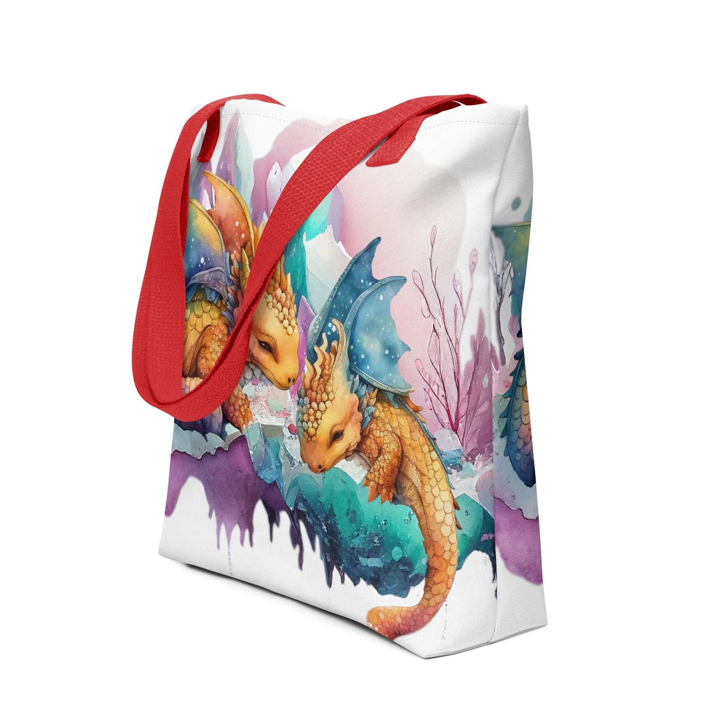 Witte tote bag met schattige slapende draken illustratie,voor aanzicht,all over print, rode  handvatten,hangend bij een trap,vooraanzicht
