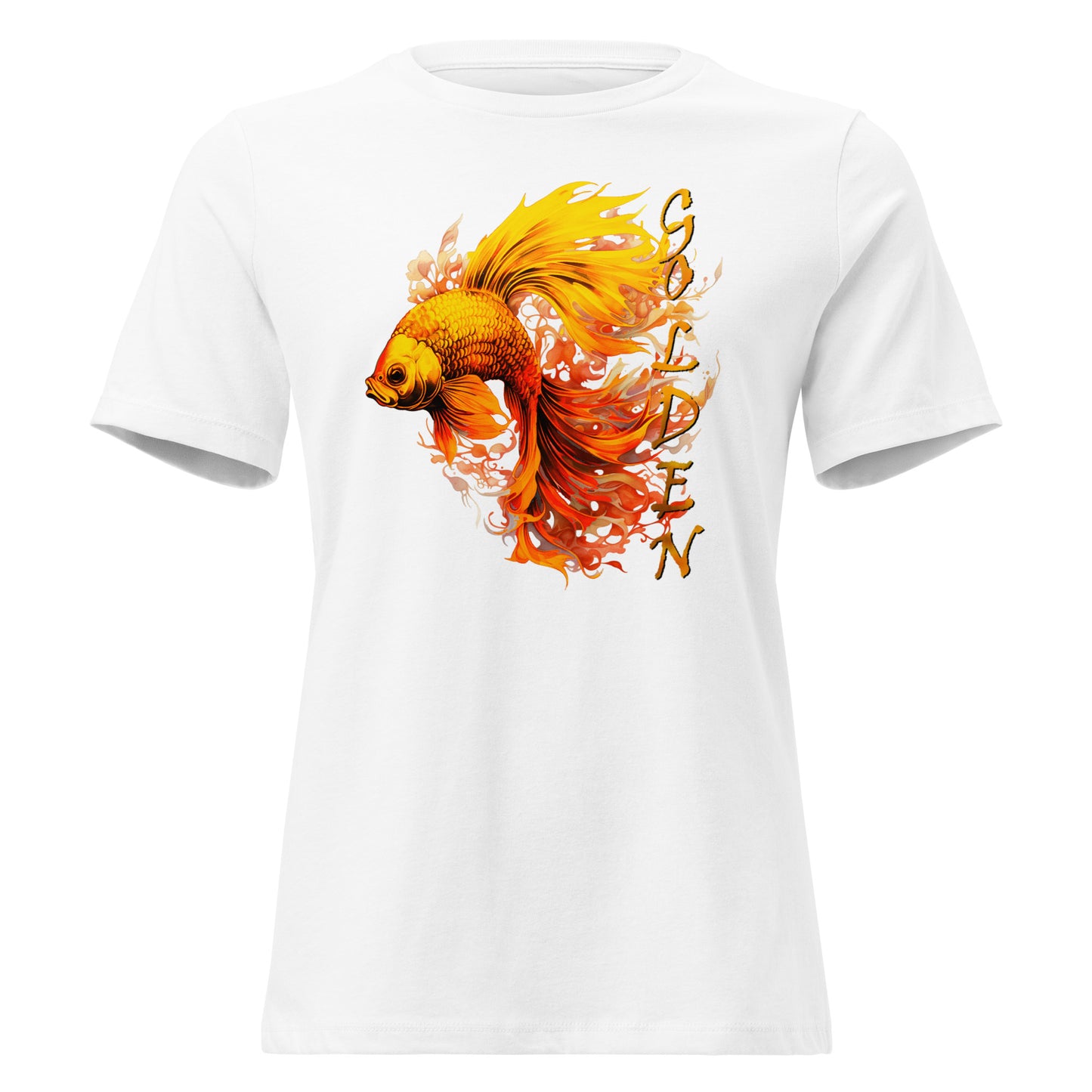 Stijlvol wit unisex T-shirt met gouden goudvis en vlammen-design: kunstzinnig, modern en opvallend, perfect voor casual outfits. voor aanzicht