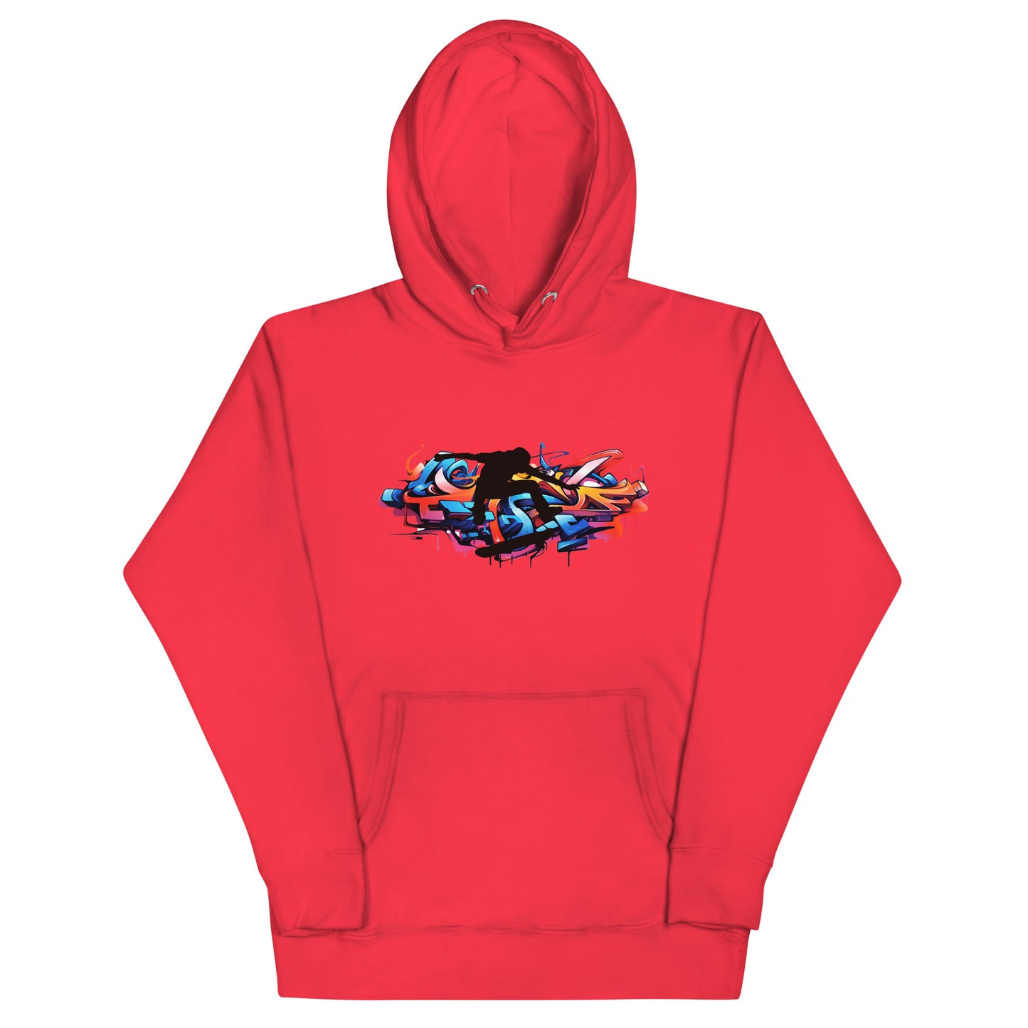 Streetstyle rode hoodie met urban graffiti print : levendige kleurenexplosie op paarse basis, Cotton Heritage M2580. premium.voor aanzicht