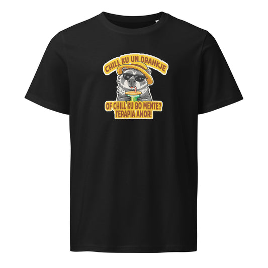 Zwarte unisex t-shirt met schattige hamster illustratie en grappige tekst, geschikt voor casual en streetwear outfits.voor aanzicht
