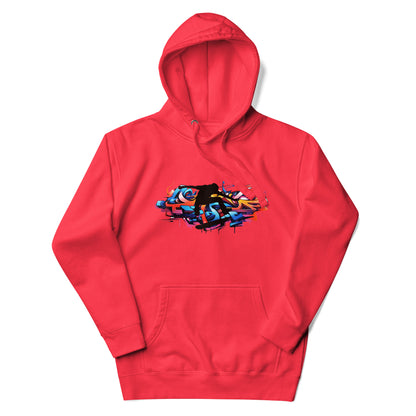 Premium pullover streetwear hoodie met groot kleurrijk graffiti street art design in rood, oranje en rood.voor aanzicht