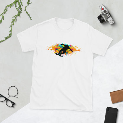 Close-up van dynamische graffiti-splash design op wit T-shirt: silhouet figuur skatebord jump met levendige multicolour paint drips en explosie.voor aanzicht