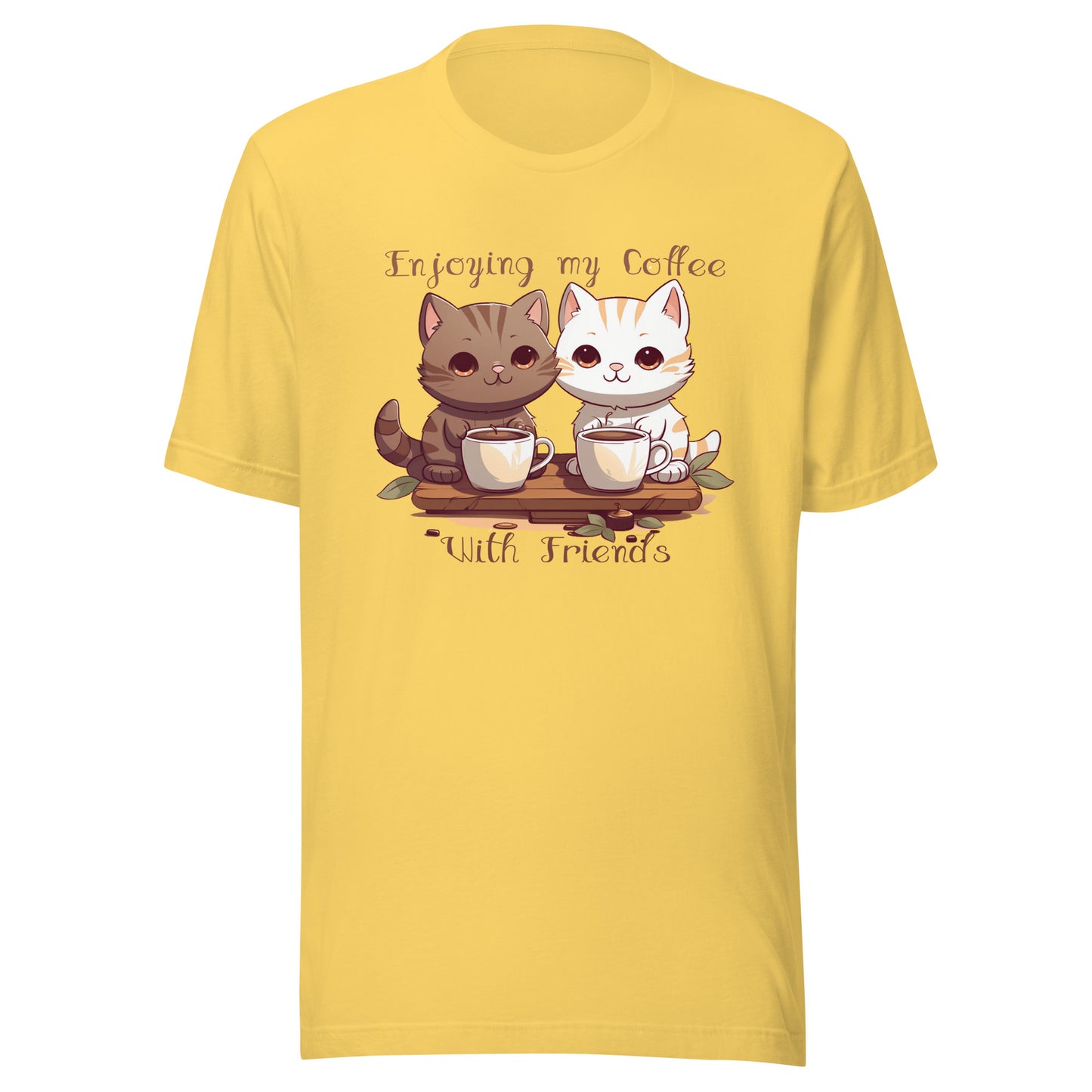 Geel unisex T-shirt Bella + Canvas 3001 met schattige katten print: twee cute katjes drinken koffie samen, tekst "Enjoying my Coffee With Friends" in bruine letters, cozy koffie-vibe. voor aanzicht