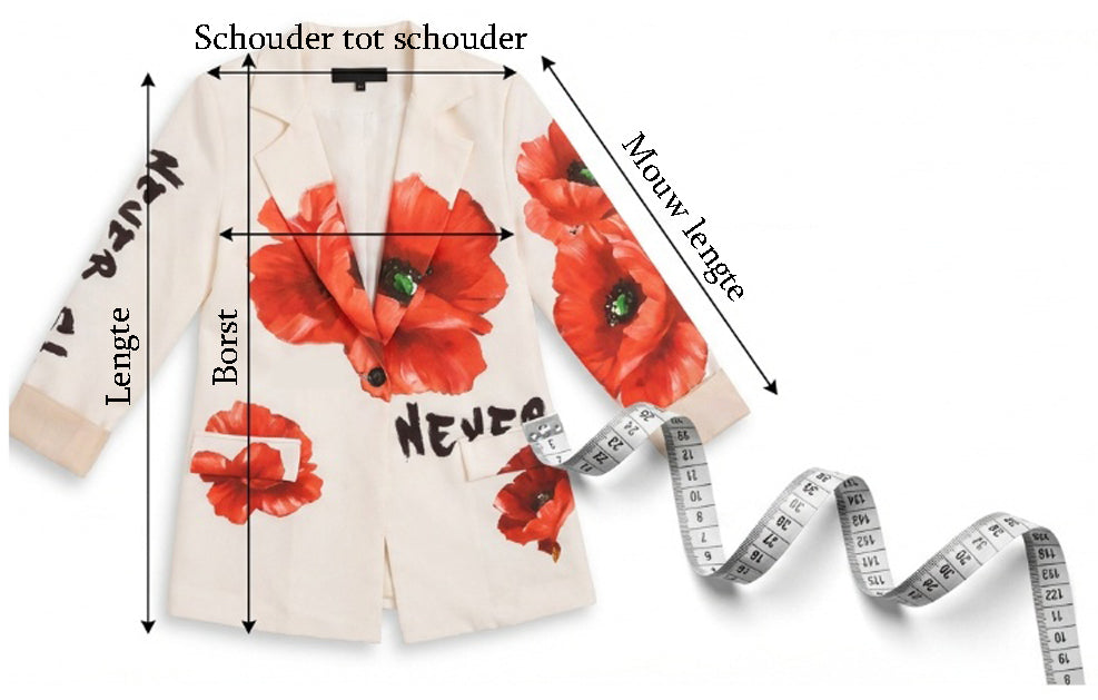 Een witte blazer met rode bloemenprint en zwarte tekst details, vooruitzicht en achteruitzicht