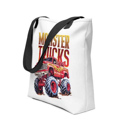 Stoere all-over print tote bag met rode monster truck design en grote zwarte handvatten.rechts aanzicht