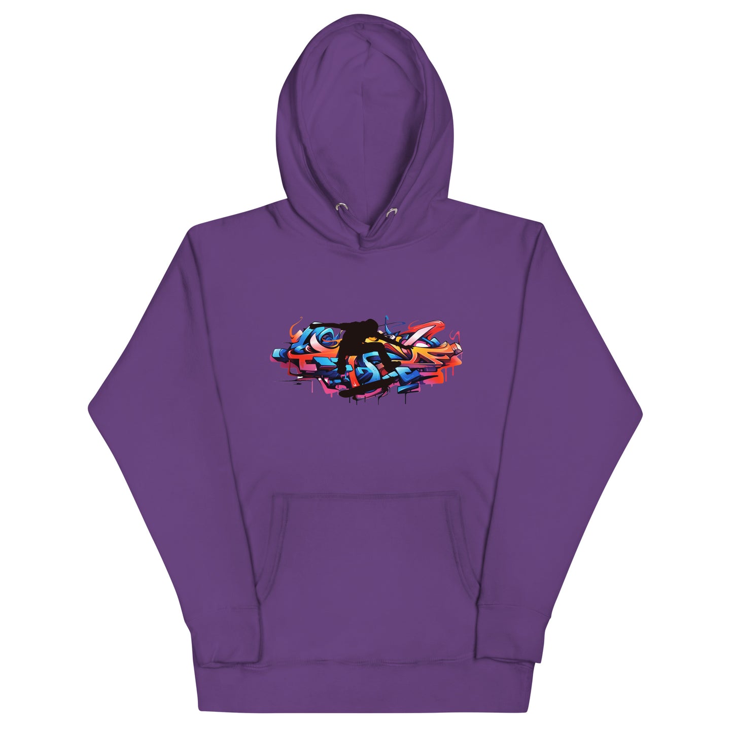 Streetstyle paarse hoodie met urban graffiti print : levendige kleurenexplosie op paarse basis, Cotton Heritage M2580 premium.voor aanzicht
