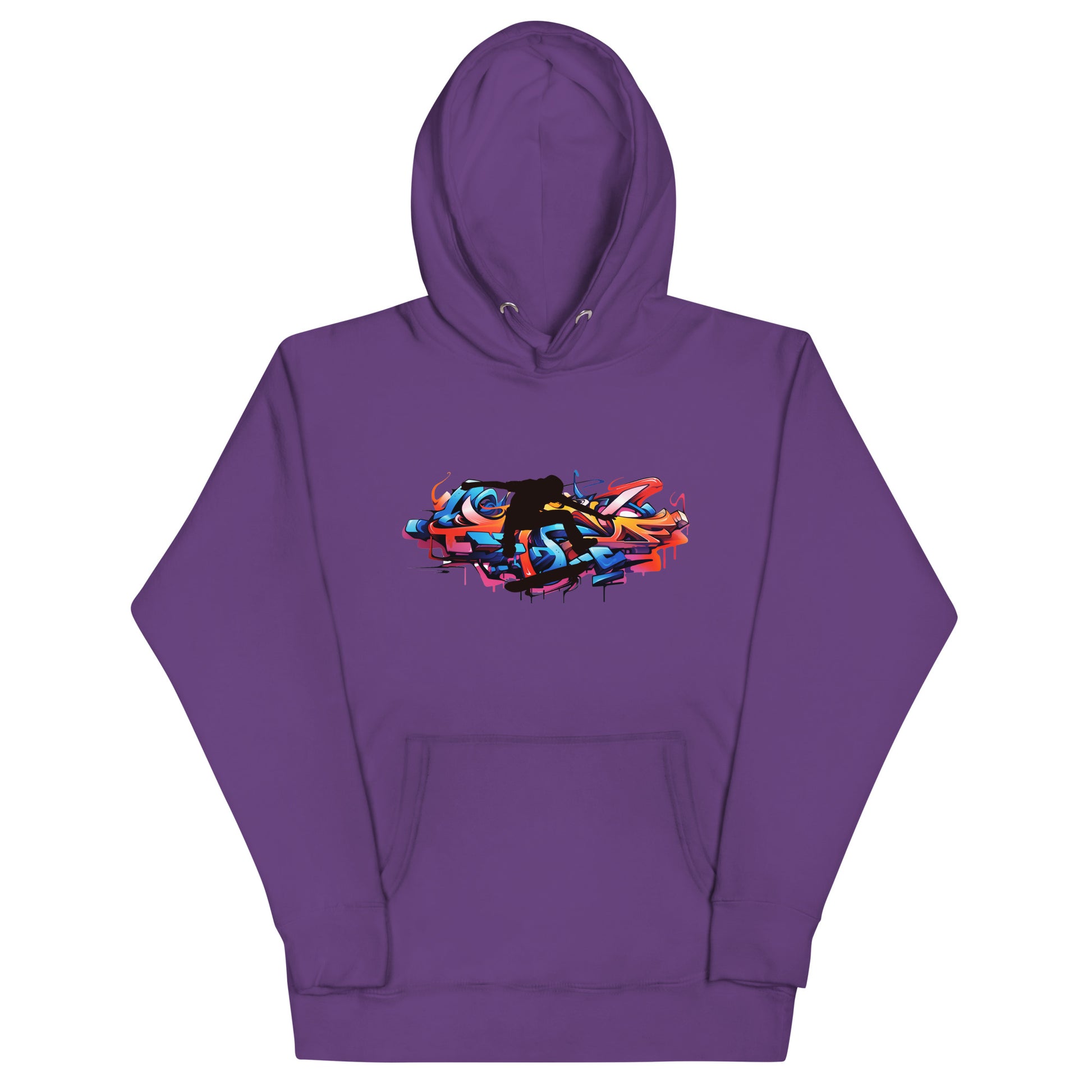Streetstyle paarse hoodie met urban graffiti print : levendige kleurenexplosie op paarse basis, Cotton Heritage M2580 premium.voor aanzicht