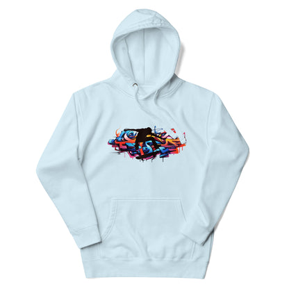 Premium pullover streetwear hoodie met groot kleurrijk graffiti street art design in agua blauw, oranje en rood.voor aanzicht