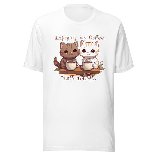 Wit unisex T-shirt Bella + Canvas 3001 met schattige katten print: twee cute katjes drinken koffie samen, tekst "Enjoying my Coffee With Friends" in bruine letters, cozy koffie-vibe. voor aanzicht