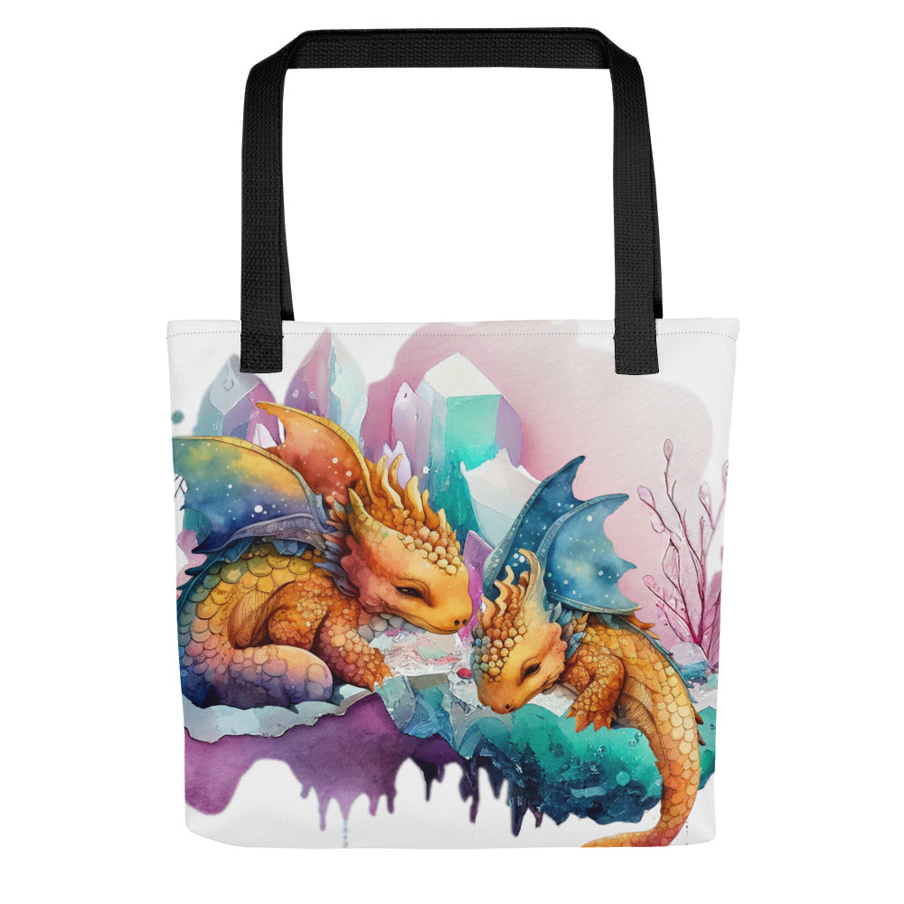 Witte tote bag met schattige slapende draken illustratie,voor aanzicht,all over print, zwarte  handvatten
