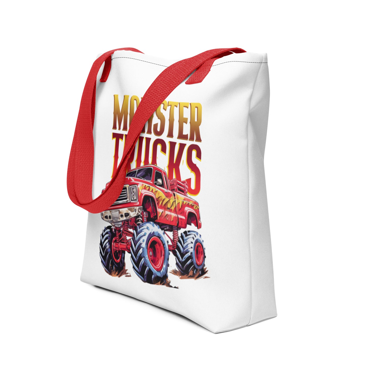 Stoere all-over print tote bag met rode monster truck design en grote rode handvatten.rechts aanzicht