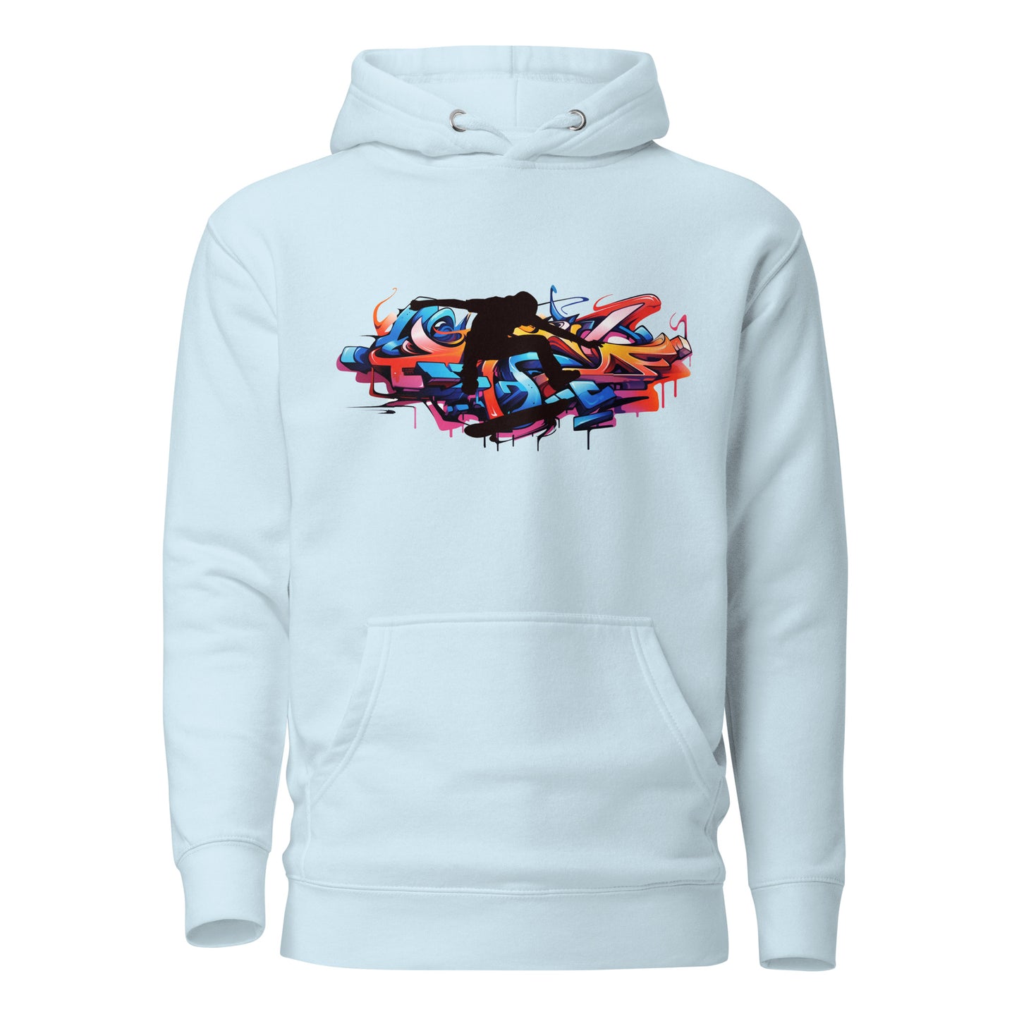 Premium pullover streetwear hoodie met groot kleurrijk graffiti street art design in blauw, oranje en rood.voor aanzicht