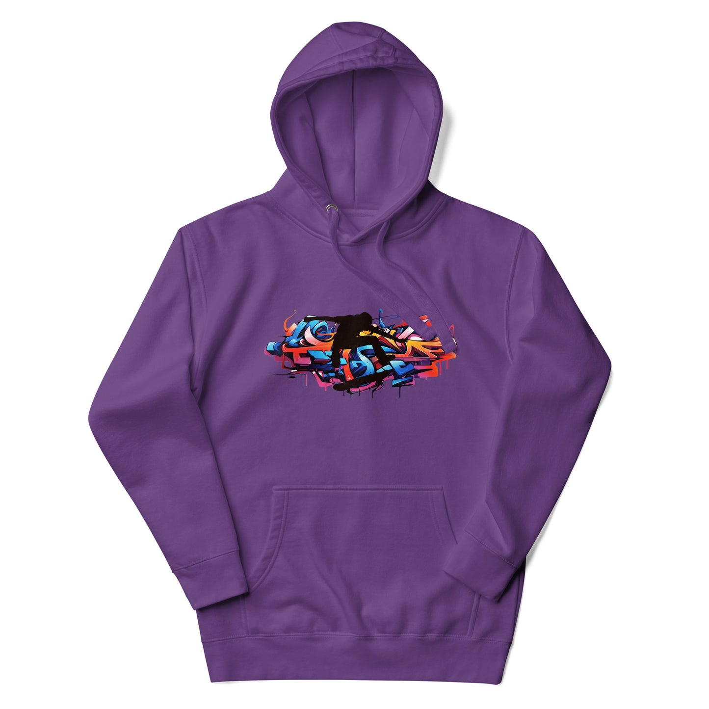 Premium pullover streetwear hoodie met groot kleurrijk graffiti street art design in paars, oranje en rood.voor aanzicht