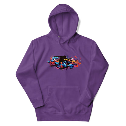 Premium pullover streetwear hoodie met groot kleurrijk graffiti street art design in paars, oranje en rood.voor aanzicht