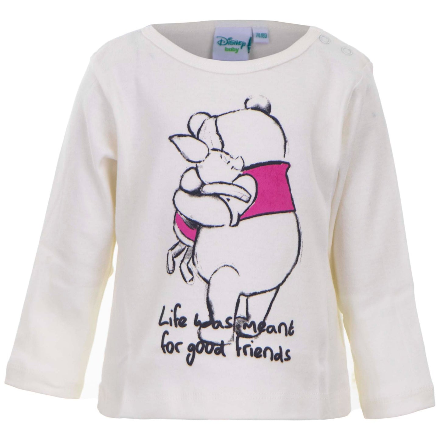 Crèmekleurig shirt met een lieve illustratie van Winnie the Pooh die een knuffel geeft, vergezeld van de tekst "Like big hugs for good friends