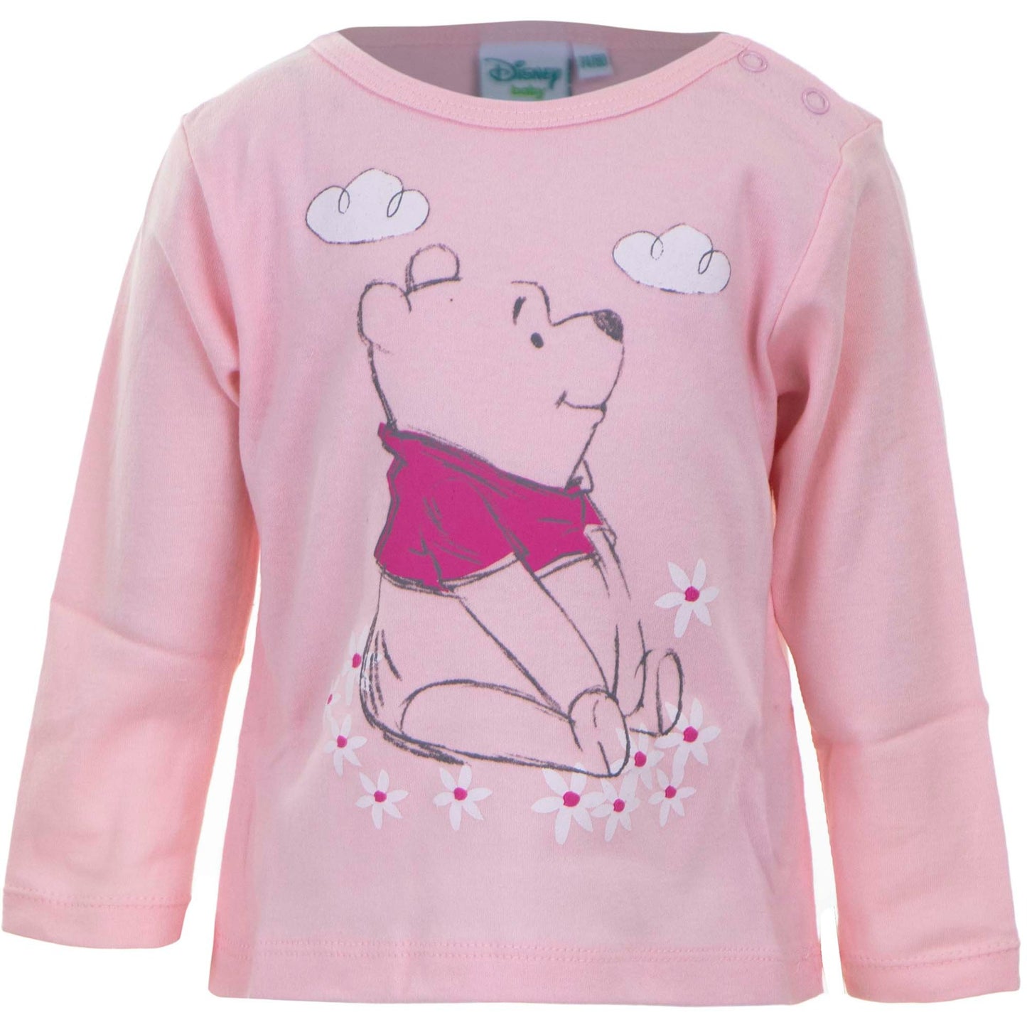 Roze shirt met een zittende Winnie the Pooh die dromerig naar de wolken kijkt, afgewerkt met schattige kleine details zoals sterretjes en wolkjes