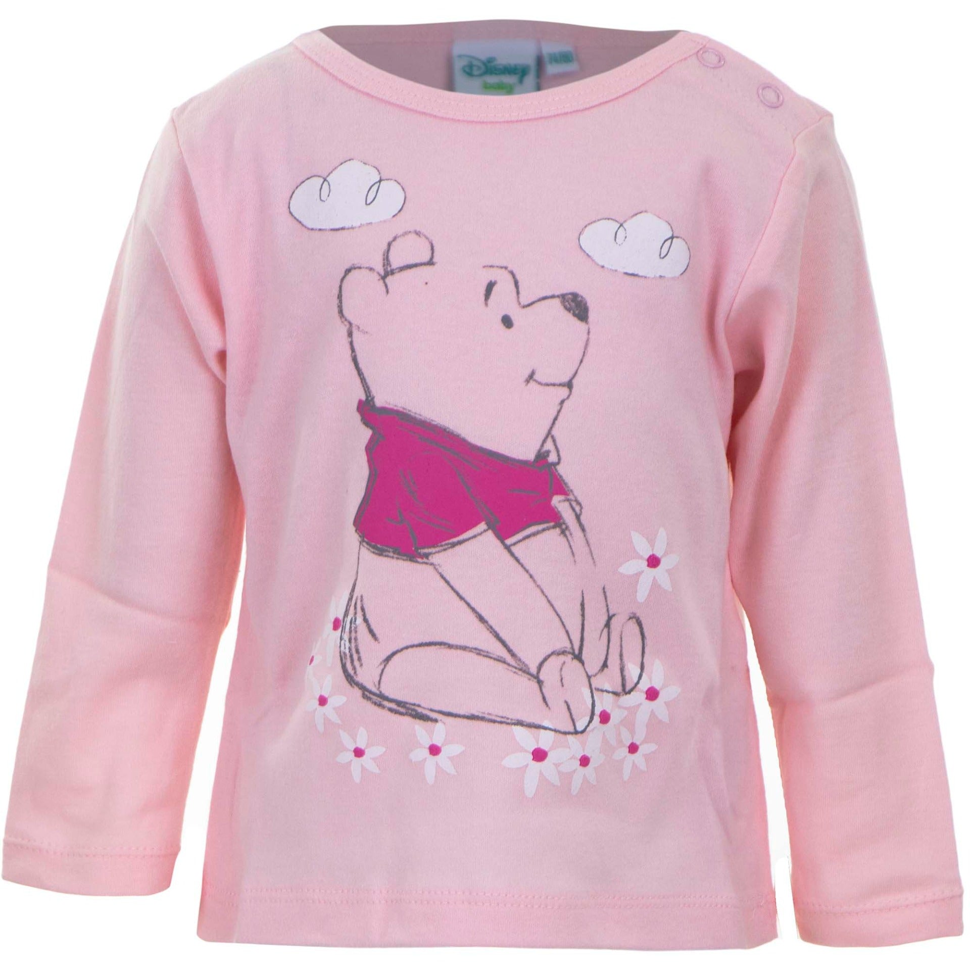 Roze shirt met een zittende Winnie the Pooh die dromerig naar de wolken kijkt, afgewerkt met schattige kleine details zoals sterretjes en wolkjes