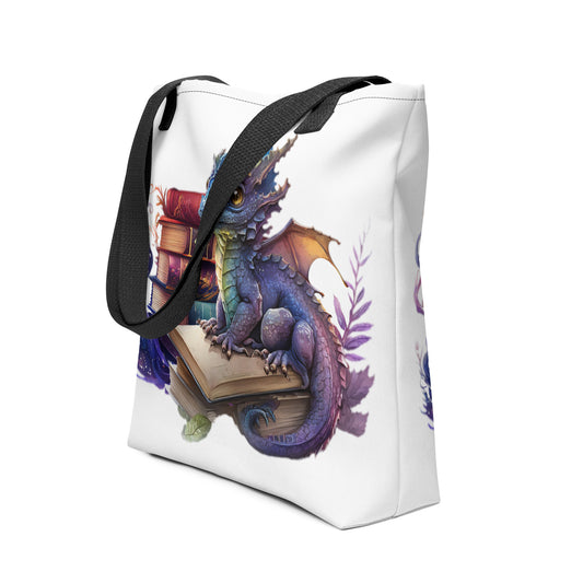 Witte canvas draagtas met kleurrijk draakmotief, handvat zwart,voor uitzicht