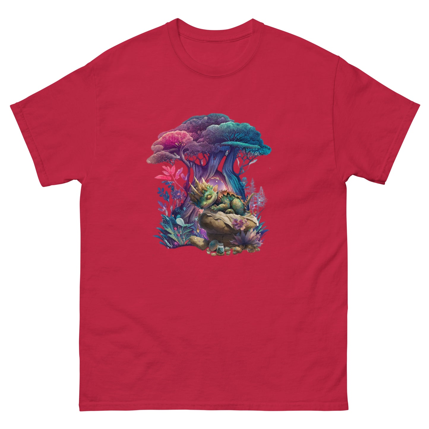 Kardinaal klassiek heren T-shirt met paddenstoelprint op witte achtergrond, voorzijde