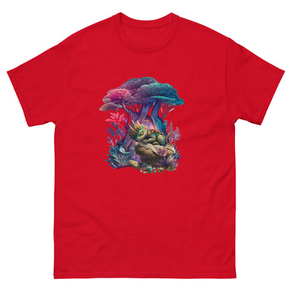 Rood klassiek heren T-shirt met paddenstoelprint op witte achtergrond, voorzijde