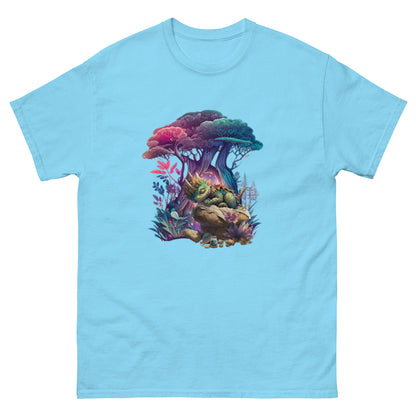 Sky klassiek heren T-shirt met paddenstoelprint op witte achtergrond, voorzijde