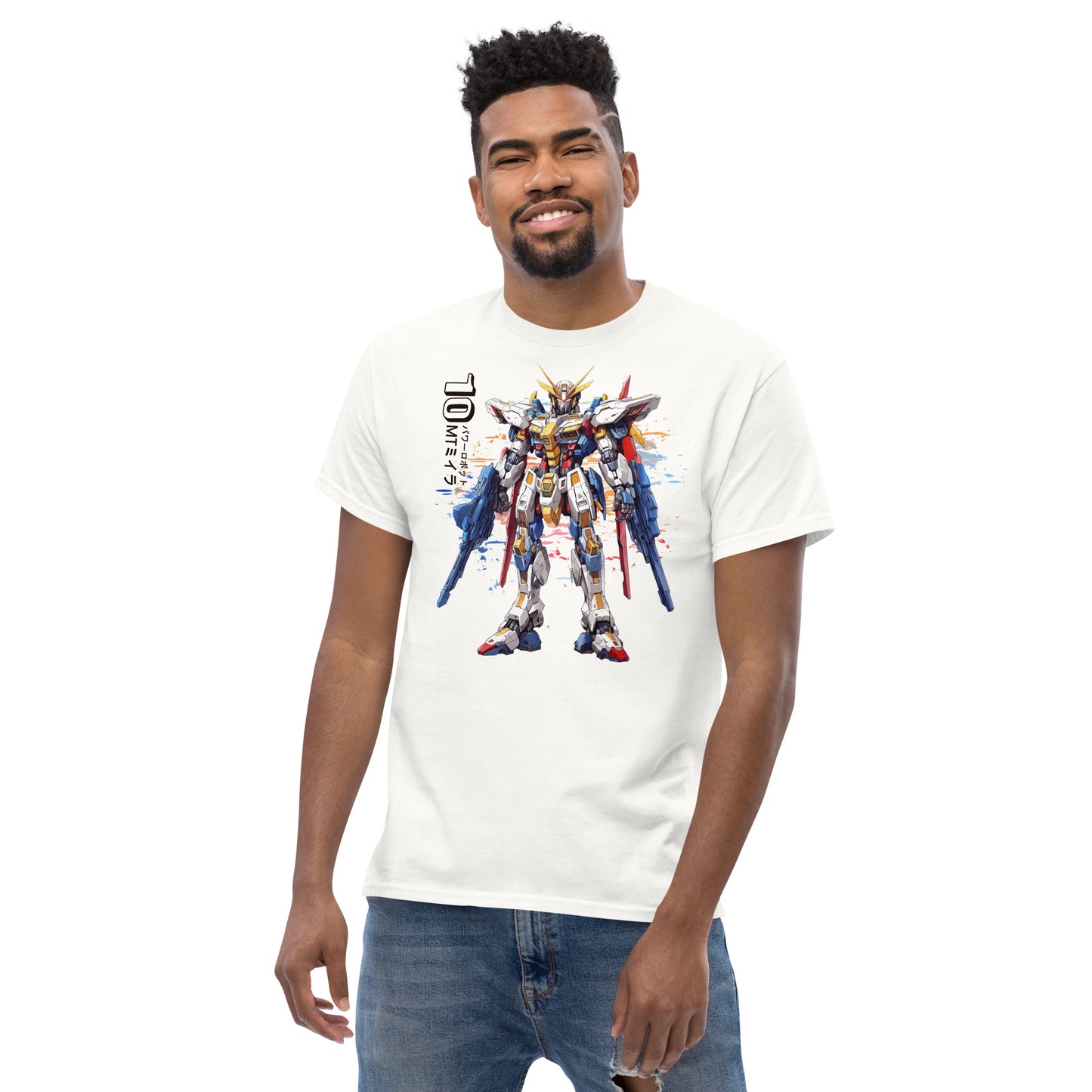 Een klassiek wit heren T-shirt met een afbeelding van Manga Gundan, lachende man, vooraanzicht, op een witte achtergrond