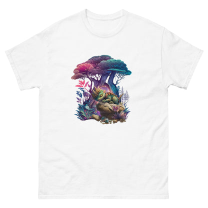 Wit klassiek heren T-shirt met paddenstoelprint op witte achtergrond, voorzijde