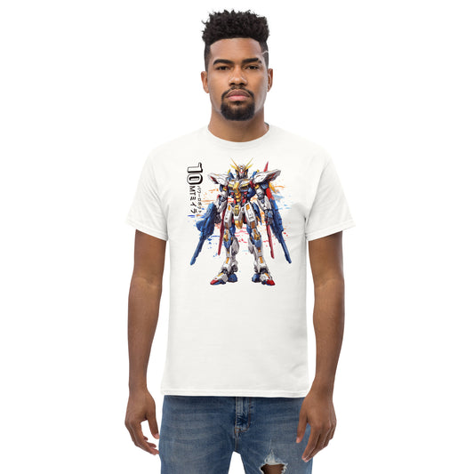 Een klassiek wit heren T-shirt met een afbeelding van Manga Gundan, serieus kijkende man, vooraanzicht, op een witte achtergrond