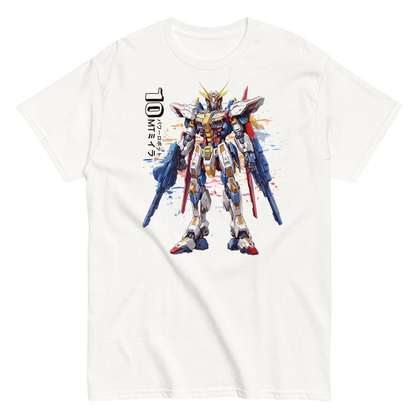 Een klassiek wit heren T-shirt met een afbeelding van Manga Gundan, vooraanzicht, op een witte achtergrond