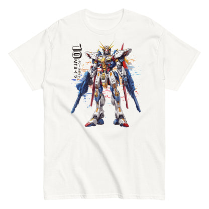Een klassiek wit heren T-shirt met een afbeelding van Manga Gundan, vooraanzicht, op een witte achtergrond