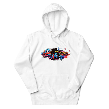 Premium pullover streetwear hoodie met groot kleurrijk graffiti street art design in agua wit oranje en rood.voor aanzicht