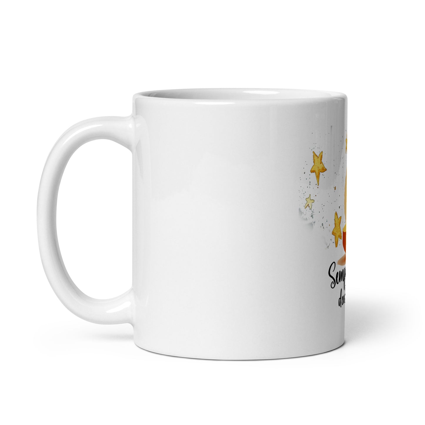 Witte keramische mok met de tekst “Semper cu mi den Silencio” in minimalistisch design, rechts handvat, zij uitzicht