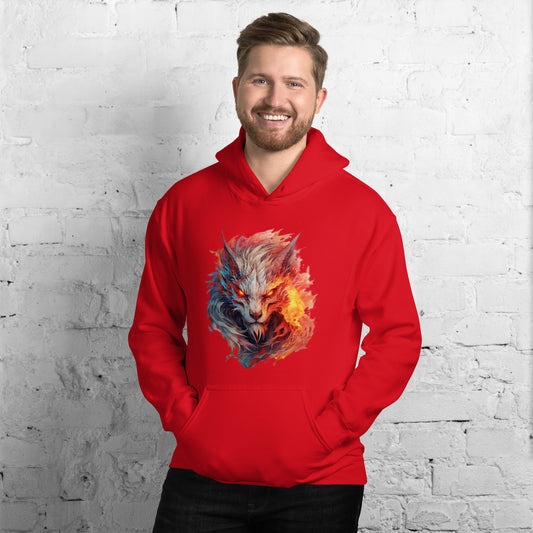 Frivole unisex rode heavy blend hoodie met levendig Kleurrijk Wolf patroon, lachende man, witte stenen achtergrond, vooruitkijkend.