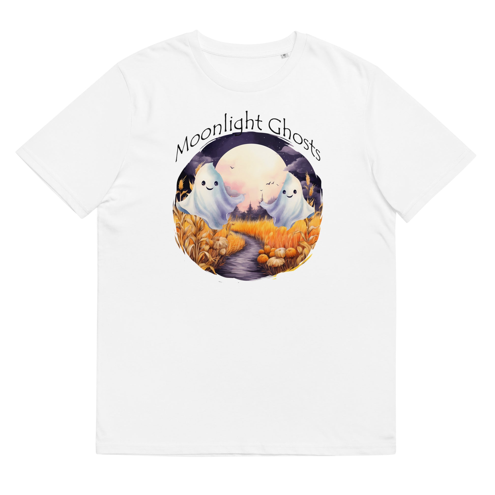 Een biologisch katoenen unisex T-shirt met de afbeelding van een Moonlight Ghost op de voorkant, tegen een witte achtergrond